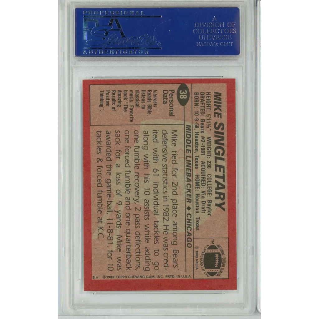 A graded PSA Mint 9 1983 Topps Mike Singletary rookie football card