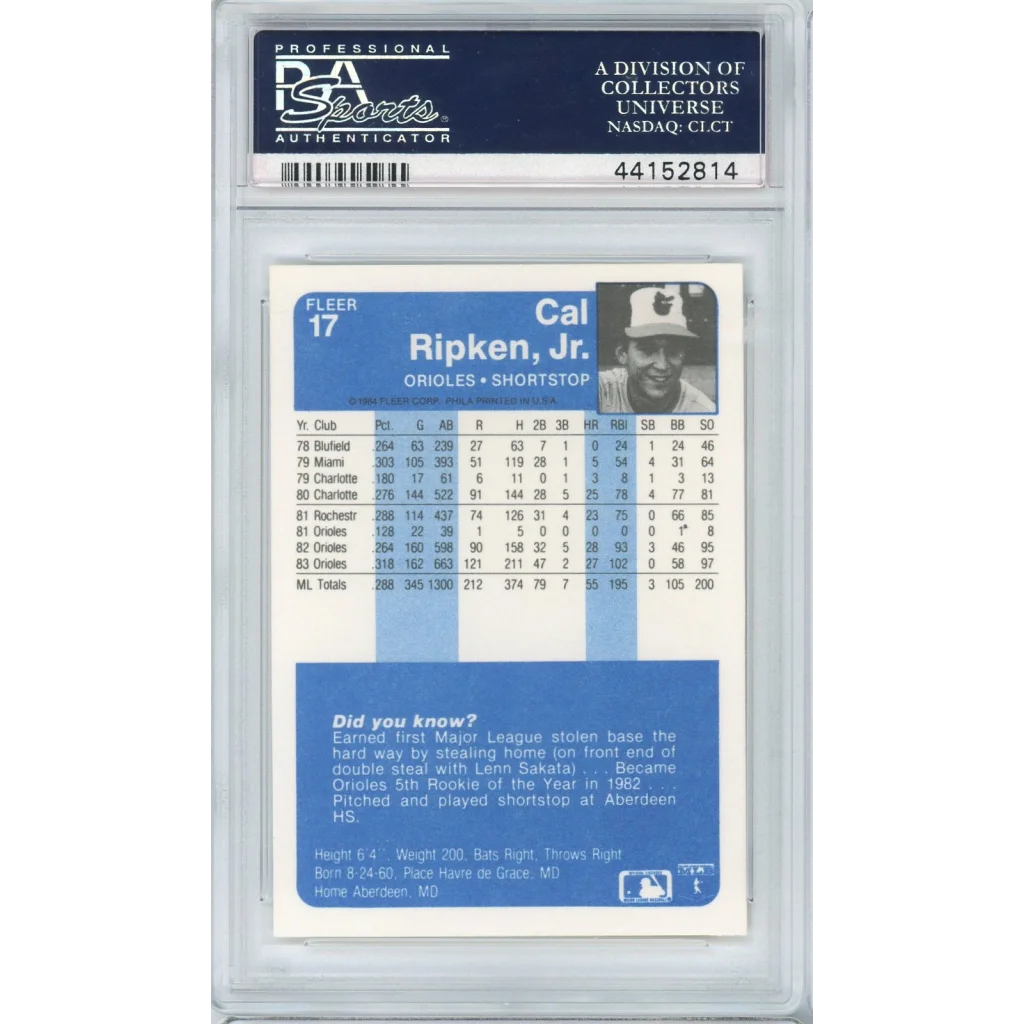 Graded 1984 Fleer Cal Ripken Jr. #17 PSA 10 Gem Mint baseball card
