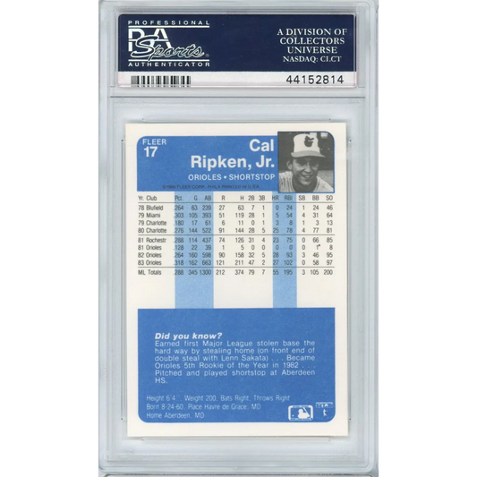 A graded 1983 Fleer Cal Ripken Jr baseball card in PSA holder, ready to display