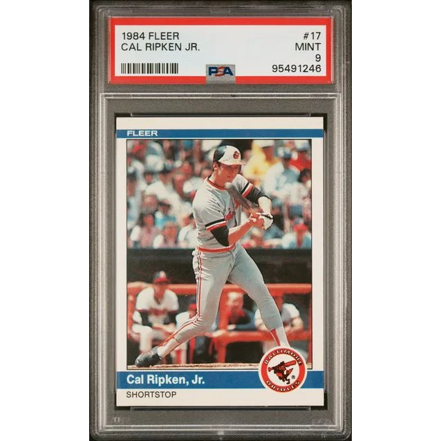 1984 Fleer Cal Ripken Jr baseball card graded Mint 9 by PSA in a product display