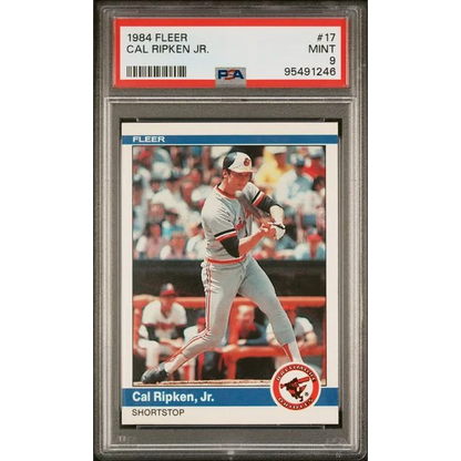 1984 Fleer Cal Ripken Jr baseball card graded Mint 9 by PSA in a product display