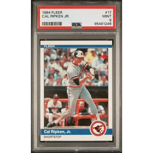 1984 Fleer Cal Ripken Jr baseball card graded Mint 9 by PSA in a product display