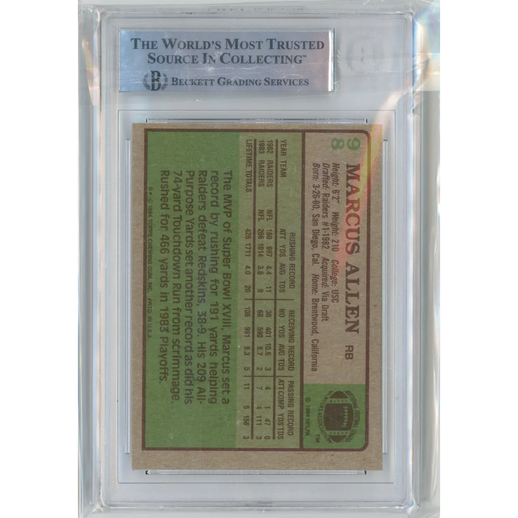 Authentic Marcus Allen 1984 Topps autographed PSA graded football card display