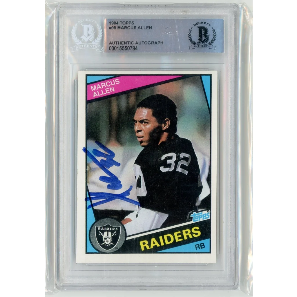 Autographed Marcus Allen 1984 Topps football card in Beckett slab, PSA graded