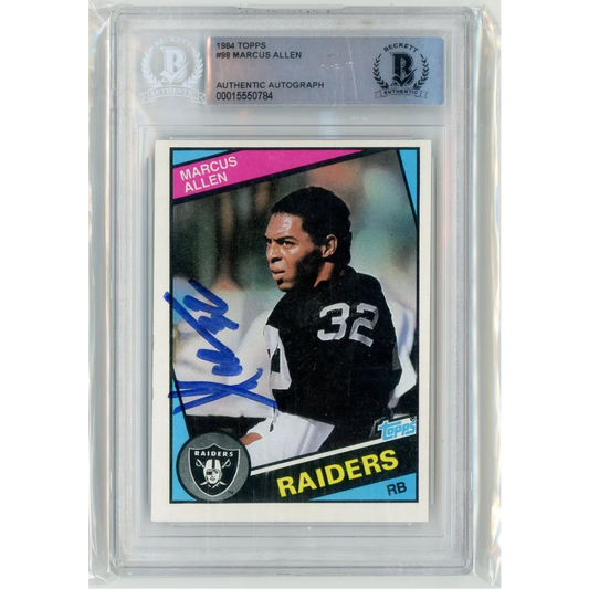 Autographed Marcus Allen 1984 Topps football card in Beckett slab, PSA graded