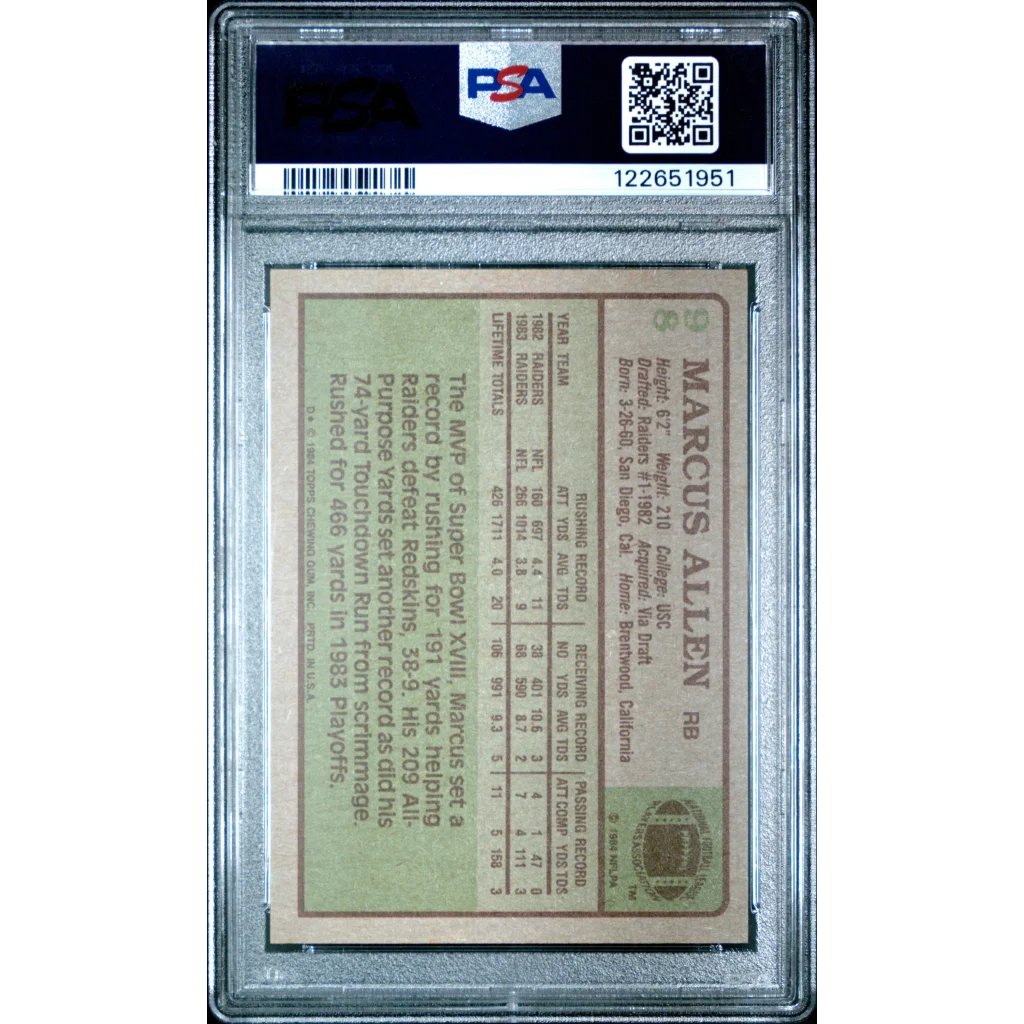 Graded 1984 Topps Marcus Allen #98 Football Card PSA 6 Excellent | PSA 6 EX-MT Graded Vintage Football Card | vintageantiquesgifts.com