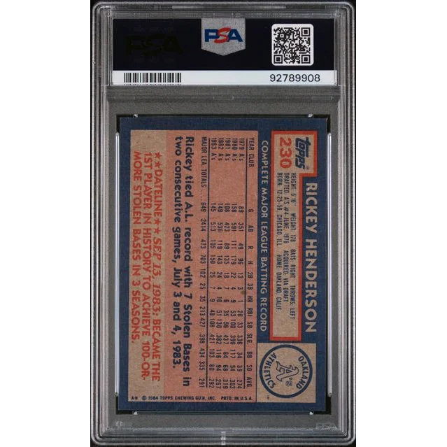 Graded 1984 Topps Rickey Henderson sports card in PSA Mint 9 condition