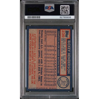 Graded 1984 Topps Rickey Henderson sports card in PSA Mint 9 condition