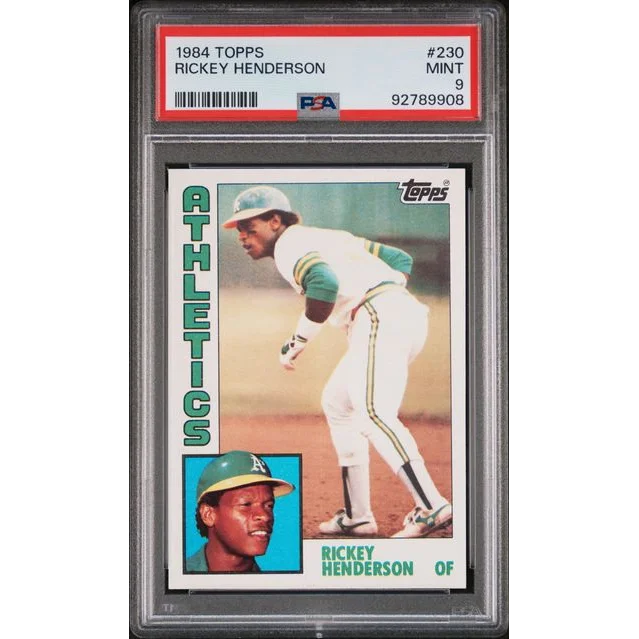 Mint 9 Topps Rickey Henderson 1984 sports card in PSA graded gem product