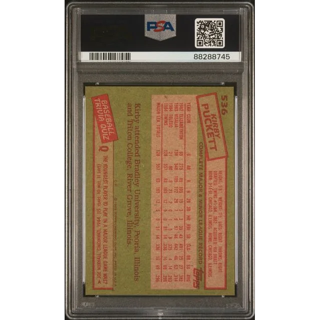 PSA Mint 9 graded 1985 Topps Kirby Puckett rookie baseball card