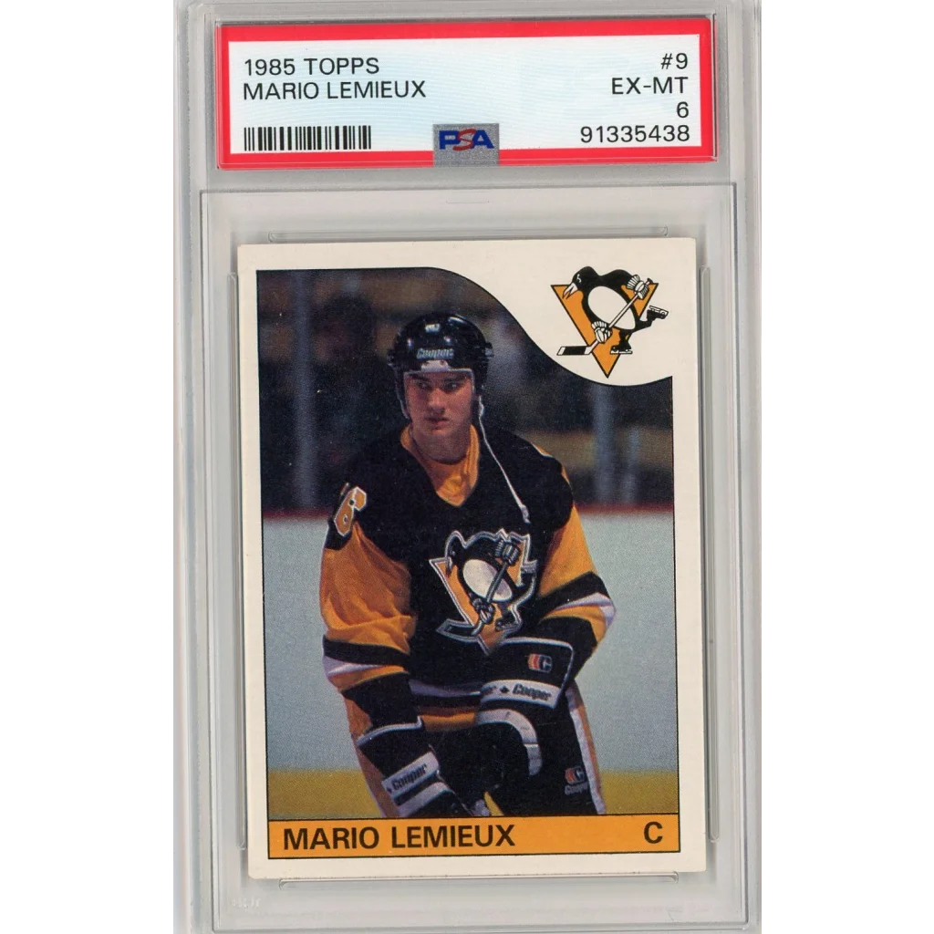 PSA graded 1985 Topps Mario Lemieux rookie hockey card front view