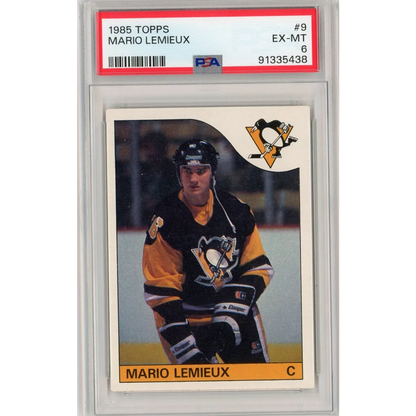 PSA graded 1985 Topps Mario Lemieux rookie hockey card front view