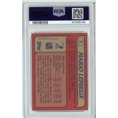 PSA graded 1985 Topps Mario Lemieux rookie card on display