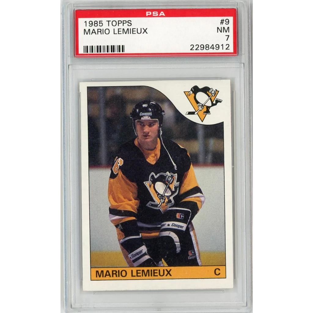 Graded 1985 Topps Mario Lemieux Rookie Hockey Card in PSA Certified Treasure