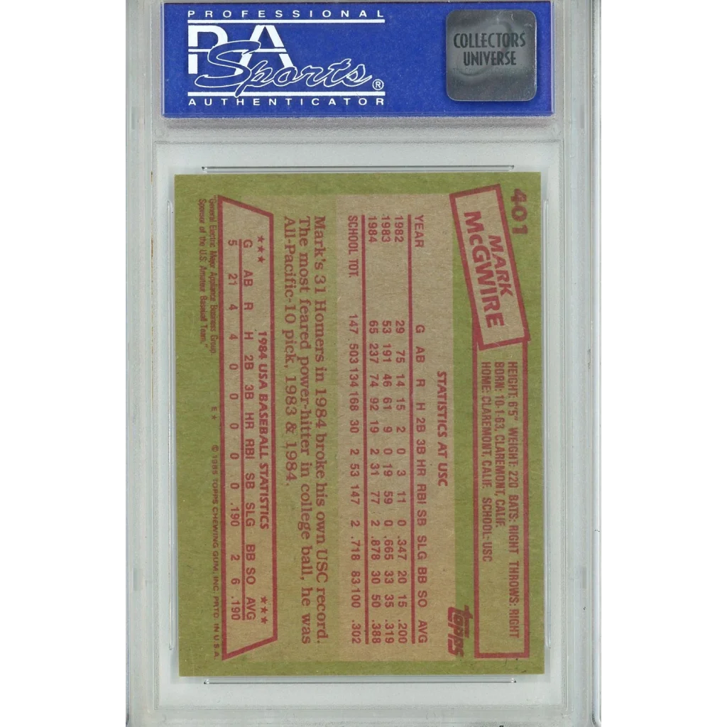 Graded 1985 Topps USA Baseball Team Mark McGwire #401 Rookie RC Baseball Card PSA 8 NM-MT | PSA 8 NM-MT Graded Rookie Card | vintageantiquesgifts.com