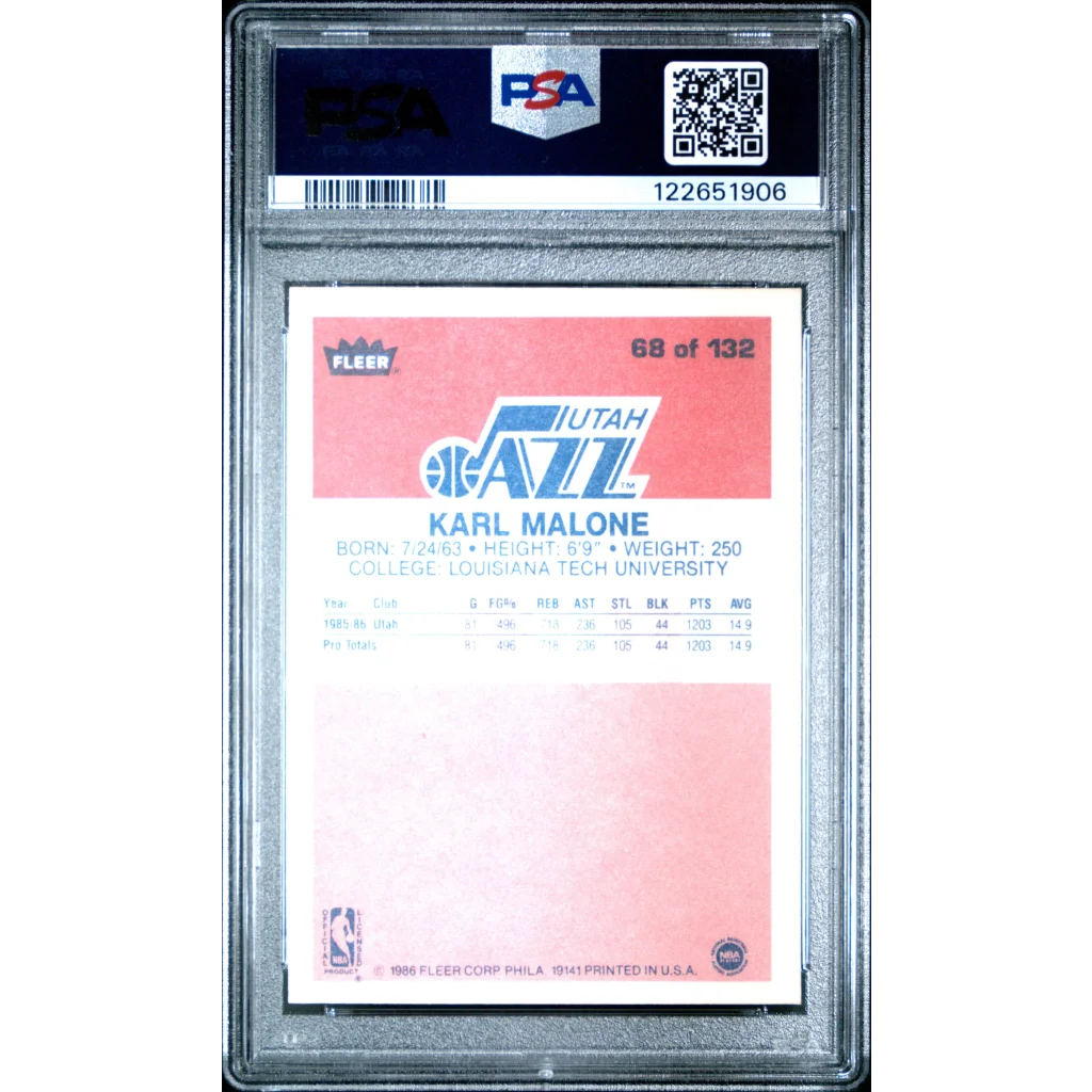 Graded 1986-87 Fleer Karl Malone #68 Rookie PSA 7 NM in pink blue slab