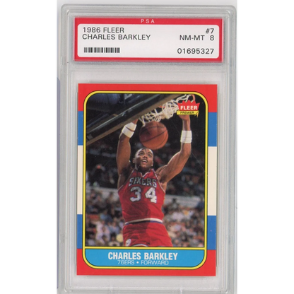 A graded 1986 Fleer Charles Barkley rookie basketball card in PSA case