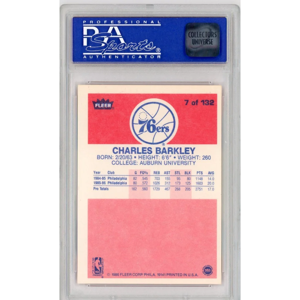 Graded 1986 Fleer Charles Barkley #7 Rookie PSA 8 NM-MT card in slab