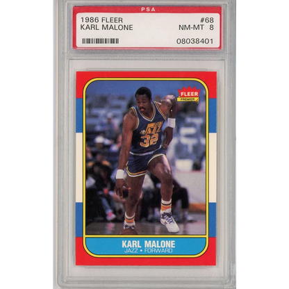 1986 Fleer Karl Malone Rookie Card PSA 8 NM-MT with serial 08038401 ready to score big