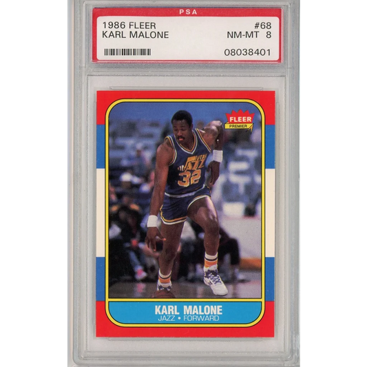 1986 Fleer Karl Malone Rookie Card PSA 8 NM-MT with serial 08038401 ready to score big