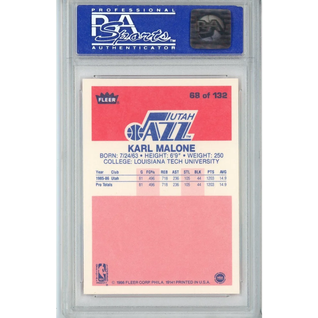 Graded PSA 8 NM-MT 1986 Fleer Karl Malone #68 Utah Jazz Rookie Card