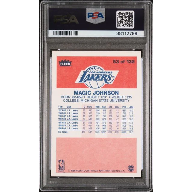 Graded 1986 Fleer magic Johnson basketball trading card number 53 of 132 in PSA 8 near mint mint condition