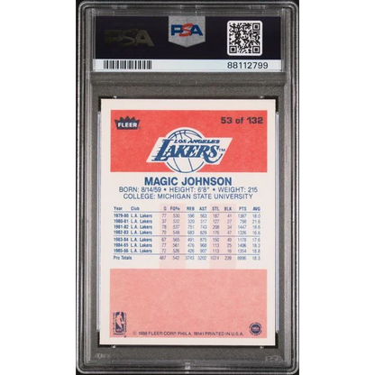 Graded 1986 Fleer magic Johnson basketball trading card number 53 of 132 in PSA 8 near mint mint condition