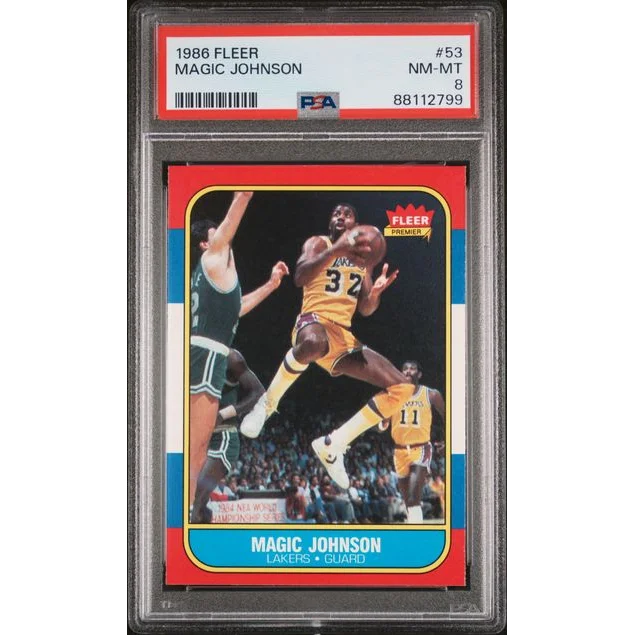 Graded 1986 Fleer Magic Johnson basketball card number 53 in a clear PSA 8 nm-mt protective slab