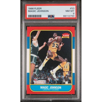 Graded 1986 Fleer Magic Johnson basketball card number 53 in a clear PSA 8 nm-mt protective slab