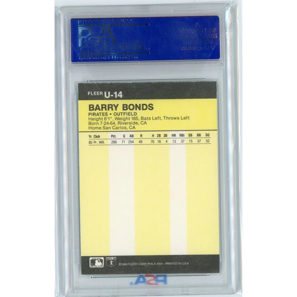 Graded Barry Bonds 1986 Rookie Card by Professional Sports Authenticator for sports fans