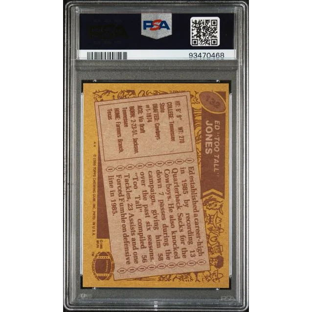 A graded Tall Jones football card PSA in professional sports memorabilia display
