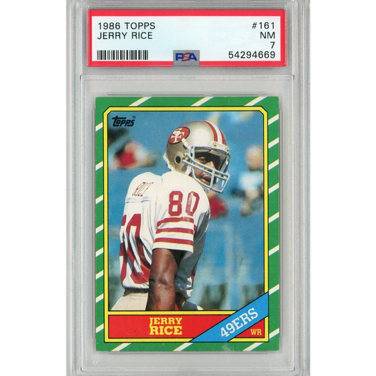 Graded 1986 Topps Jerry Rice #161 Rookie RC Football Card PSA 7 Near Mint | Hall of Fame Sports Memorabilia | vintageantiquesgifts.com
