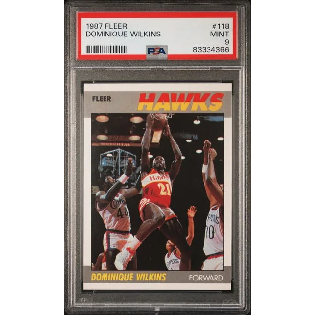Slabbed 1987 Fleer Dominique Wilkins basketball card graded Mint 9 by professional sports authenticator