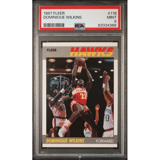 Slabbed 1987 Fleer Dominique Wilkins basketball card graded Mint 9 by professional sports authenticator