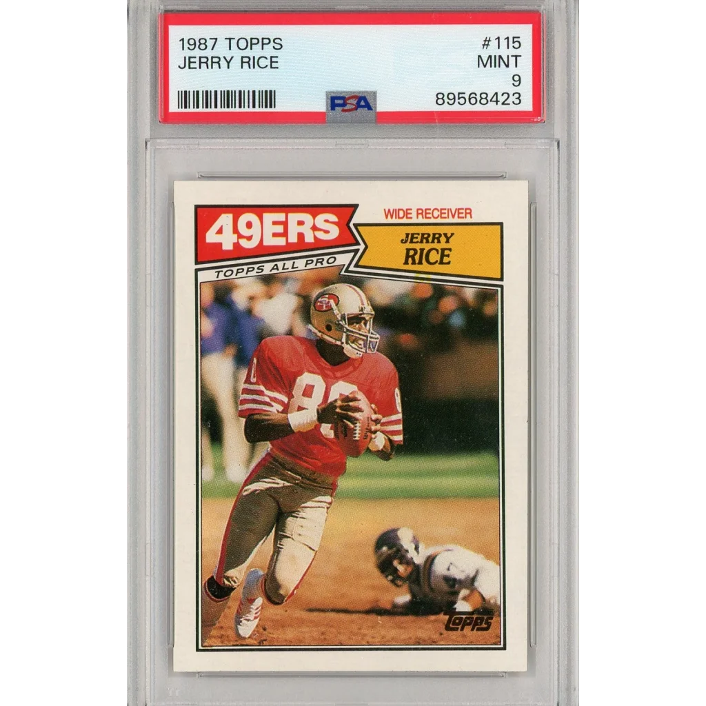 Graded 1987 Topps Jerry Rice #115 2nd Year Football Card PSA 9 Mint | Hall of Fame Sports Memorabilia | vintageantiquesgifts.com