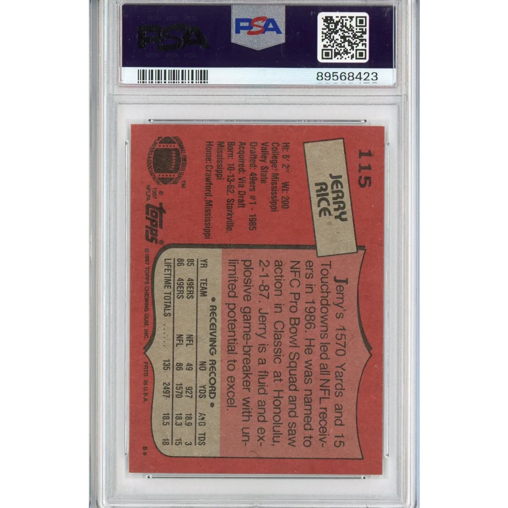 Graded 1987 Topps Jerry Rice #115 2nd Year Football Card PSA 9 Mint | PSA 9 Mint Graded Vintage Football Card | vintageantiquesgifts.com