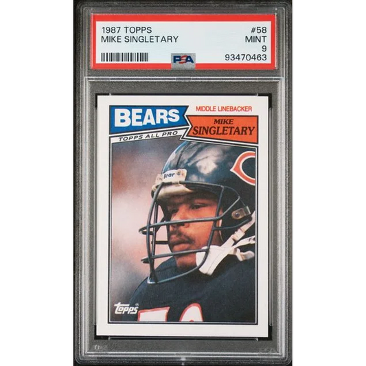 1987 Topps Mike Singletary football card graded PSA Mint 9 displayed in product name