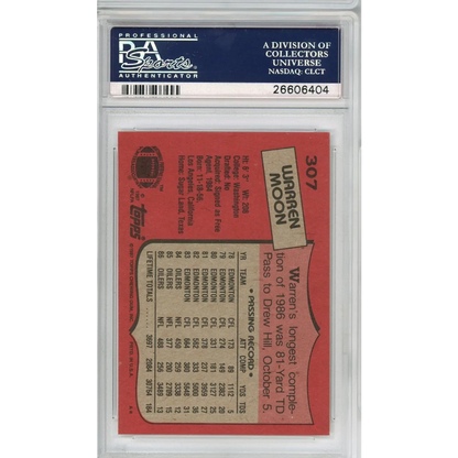 A graded PSA 10 Warren Moon 1986 Topps rookie football card in perfect gem mint condition