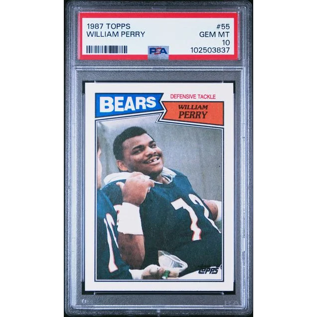Close-up of PSA GEM MT 10 William Perry 1987 Topps Football Card #55