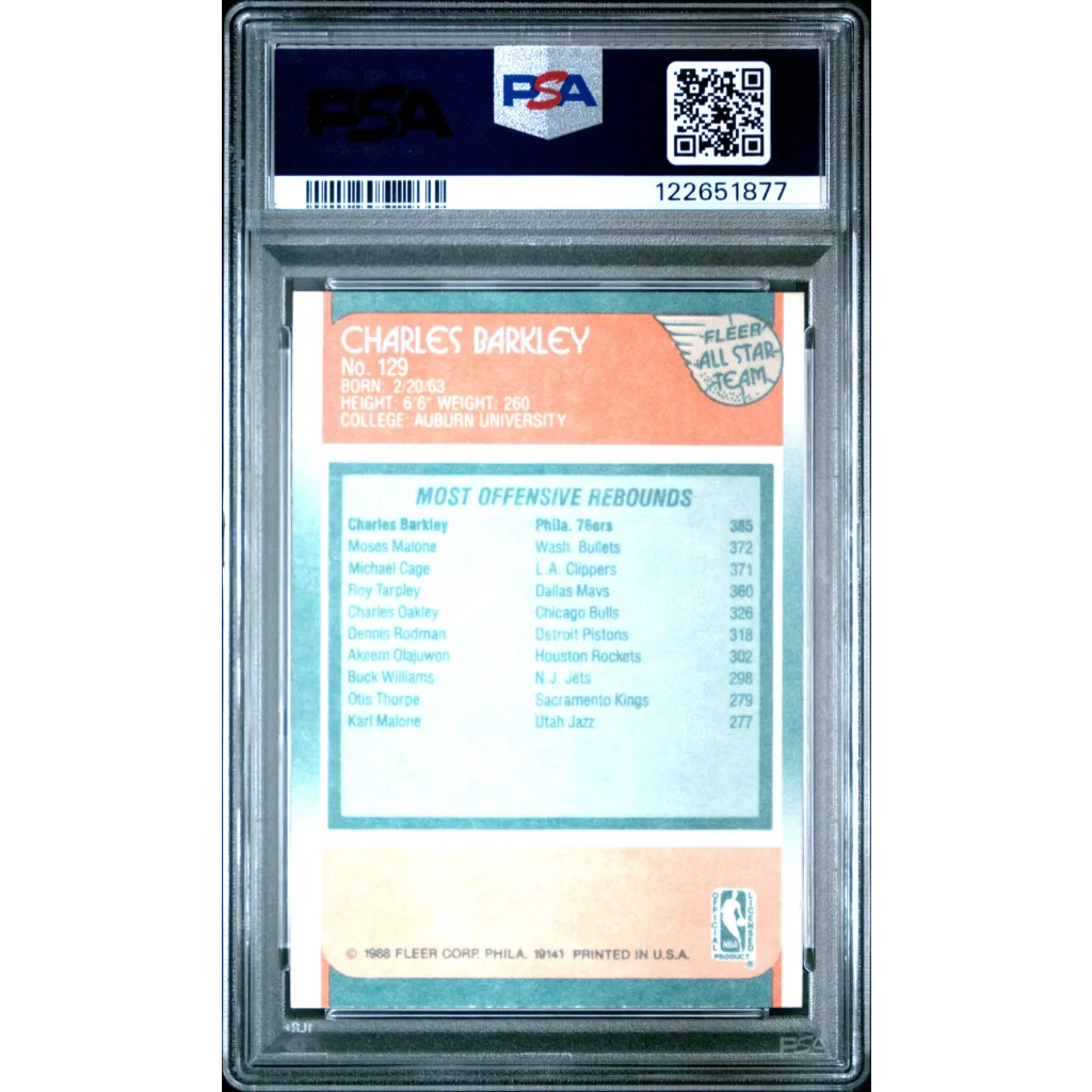 Graded 1988-89 Fleer Charles Barkley #129 Basketball Card PSA 8 Near Mint