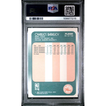 Graded 1986 Fleer Charles Barkley basketball card in PSA collectible case
