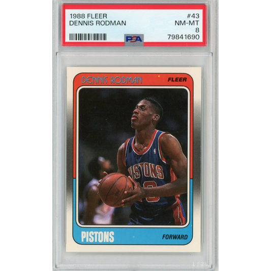 Graded 1988 Fleer Dennis Rodman #43 Rookie RC PSA 8 NM-MT Card in Slab