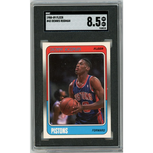 Close-up of PSA graded 1988 Fleer Dennis Rodman rookie basketball card