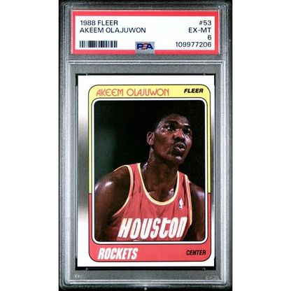 Graded 1988 Fleer Akeem Olajuwon basketball card in PSA case for collectors