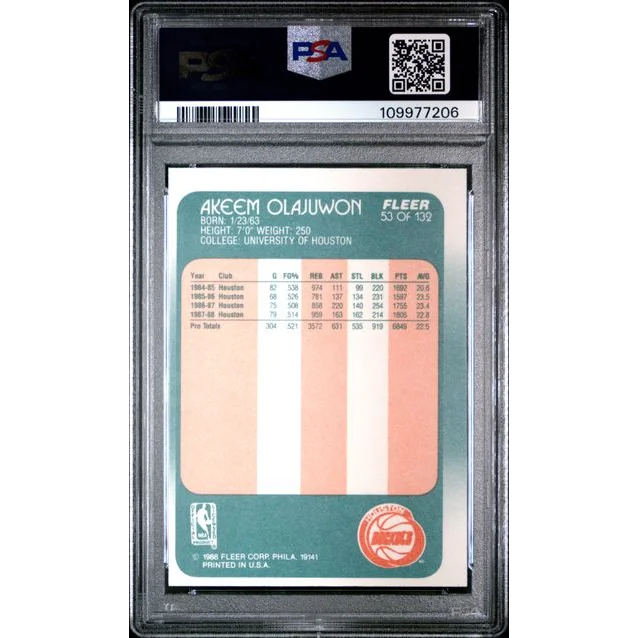 PSA graded 1986 Fleer Akeem Olajuwon rookie basketball card showing detailed front view