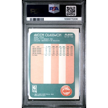 PSA graded 1986 Fleer Akeem Olajuwon rookie basketball card showing detailed front view