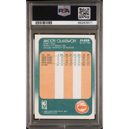 Graded 1986 Fleer Akeem Olajuwon basketball card from the 80s in PSA case