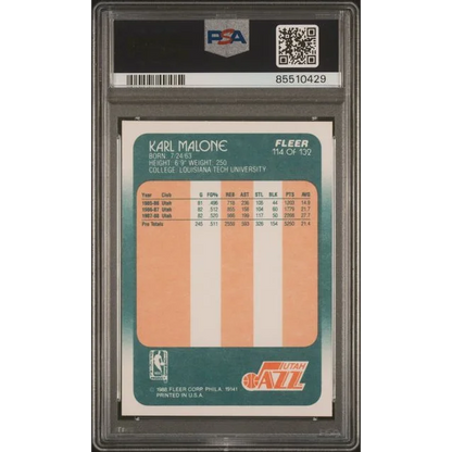 Graded 1986 Fleer Karl Malone #114 basketball card in PSA 9 slab