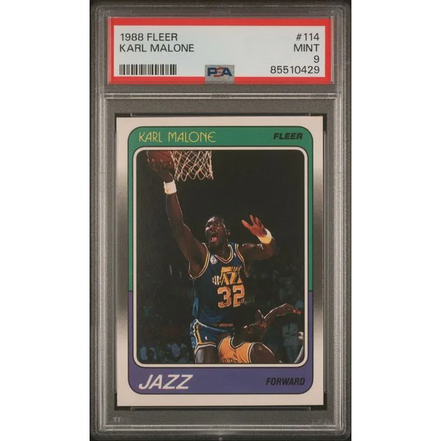 A graded Mint 9 Karl Malone 1988 Fleer basketball card from PSA product