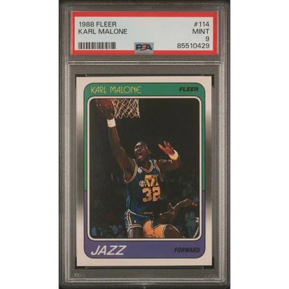 A graded Mint 9 Karl Malone 1988 Fleer basketball card from PSA product